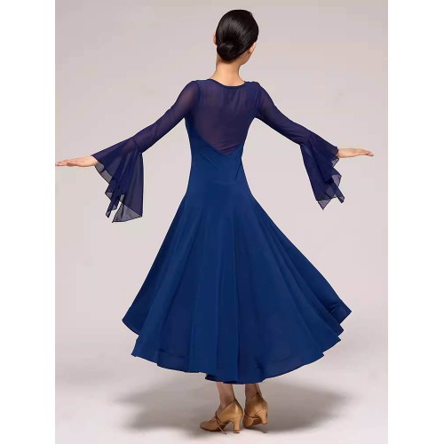 Women navy blue ballroom dance dresses for girls flowy flare sleeves waltz tango foxtrot smooth dance long gown for female